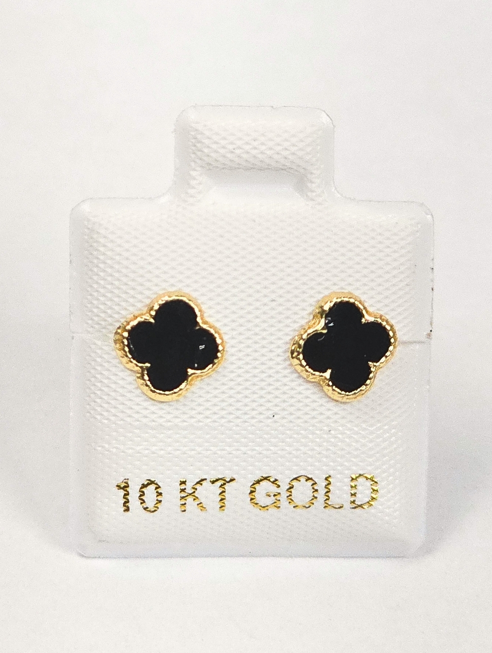 Van Four Leaf Black Enamel Stud Earrings Inspired 10K Solid Gold 7.5mm